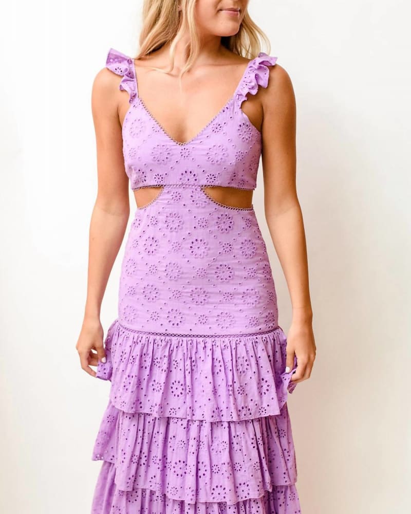 Front of a model wearing a size 10 Rosanna Dress In Violet in Violet by LIKELY. | dia_product_style_image_id:342415